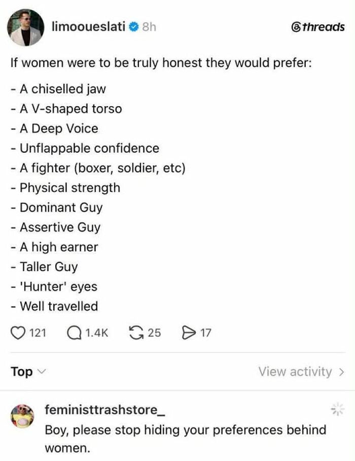 A social media post listing preferences for men, followed by a comment, a funny example of guys thinking highly of themselves.