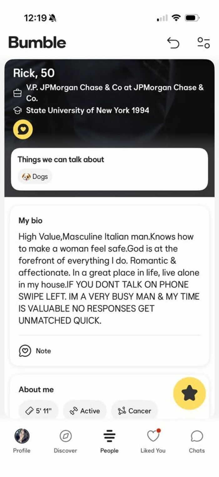 A funny example of a man's Bumble profile where he thinks highly of himself, describing his value.