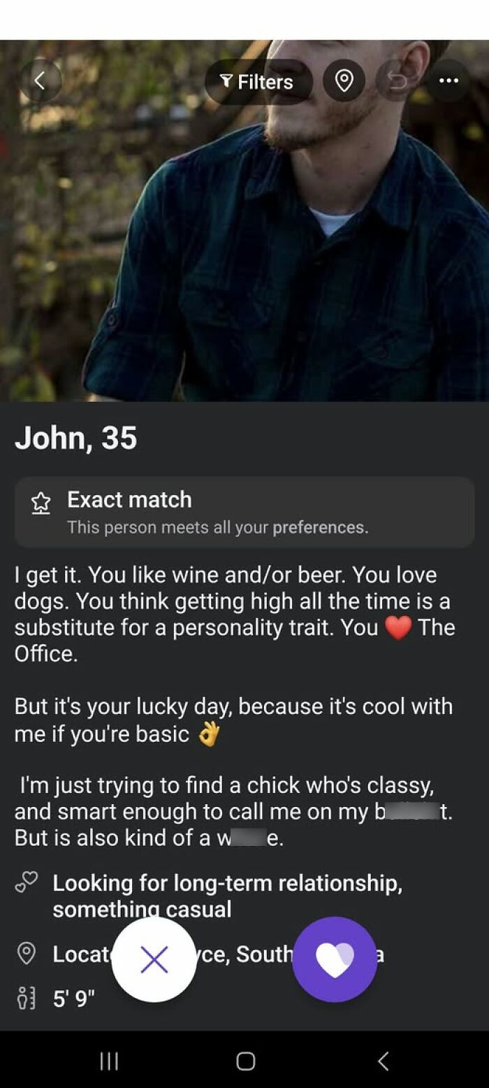 A dating profile of a 35-year-old man, John, with a long, self-important bio describing his ideal woman, a funny example of guys.