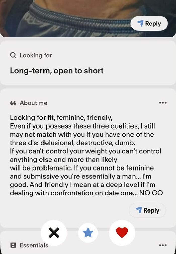 A dating profile of a guy with extremely high standards, classifying women as delusional, destructive, or dumb, a funny example of guys.
