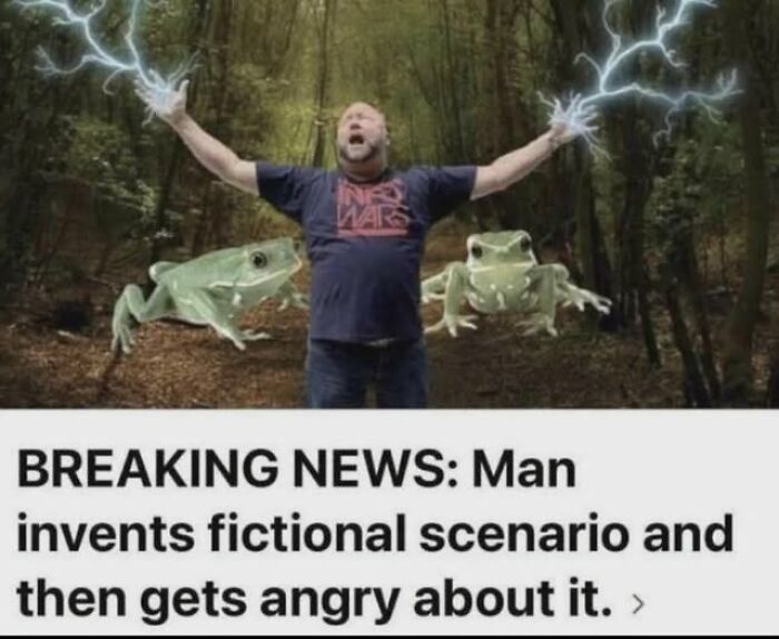 An image of a man with lightning hands and frogs, with text about him inventing a fictional scenario, one of the funny examples of guys.