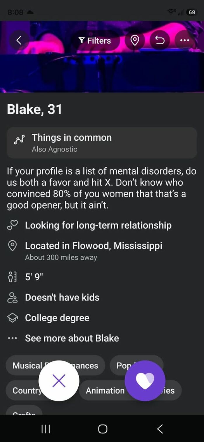 A dating profile with funny examples of a guy who thinks highly of himself, detailing his preferences and a long bio.