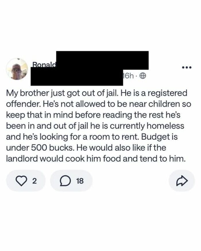 A social media post detailing a brother's needs, a funny example of guys thinking too highly of themselves.