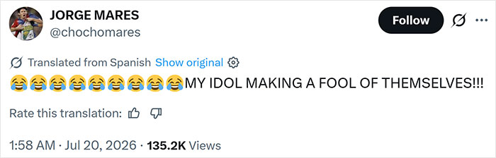 A fan's tweet about their idol making a fool of himself during the World Cup Final. A fan's tweet about their idol making a fool of himself during the World Cup Final.