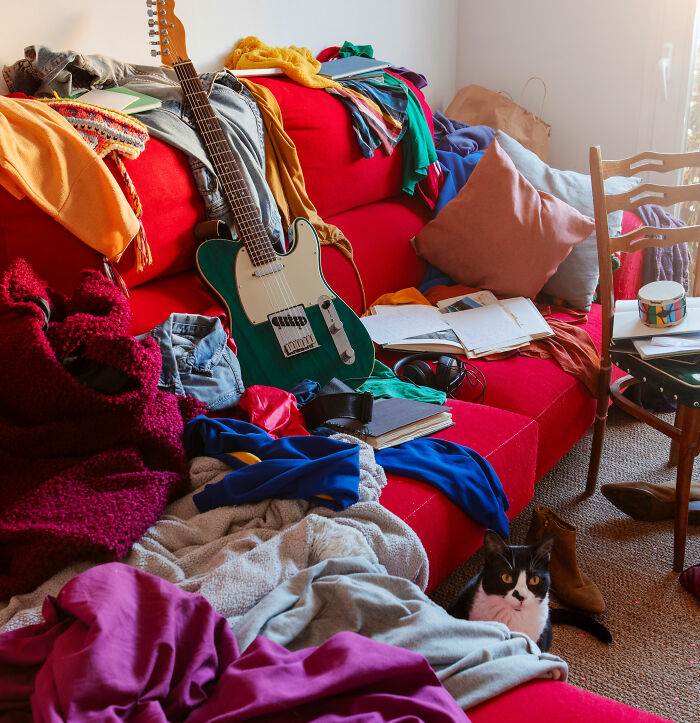 Messy living room with a cat on a red couch, illustrating diverse family versions of normal for kids.