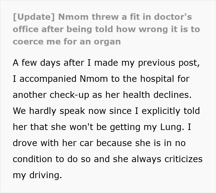 A text update about a teen's life being a mess after his mom threw a fit for his refusal to donate his lung. A text update about a teen's life being a mess after his mom threw a fit for his refusal to donate his lung.