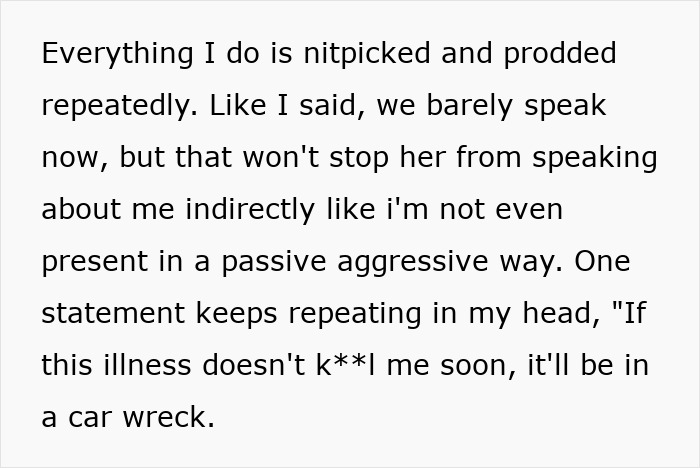 Text describing a teen's mom's passive-aggressive behavior after he refuses to donate his lung. Text describing a teen's mom's passive-aggressive behavior after he refuses to donate his lung.