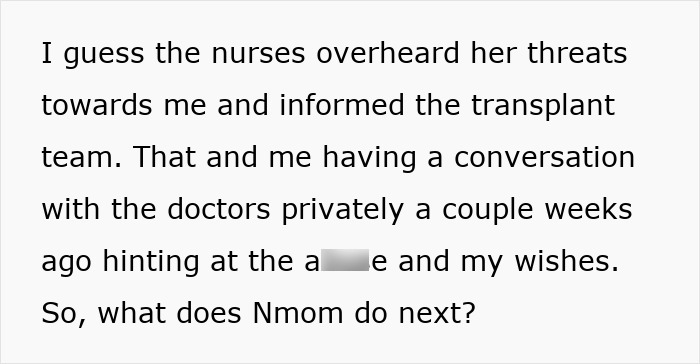 Nurses overheard threats; transplant team informed. Teen had private conversation with doctors about wishes for his lung. Nurses overheard threats; transplant team informed. Teen had private conversation with doctors about wishes for his lung.