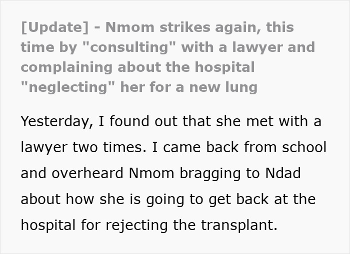 A teen's mom consults a lawyer, complaining about hospital negligence for a new lung after he refuses to donate his. A teen's mom consults a lawyer, complaining about hospital negligence for a new lung after he refuses to donate his.