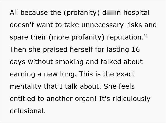 A teen's mom feels entitled to a new lung, showcasing delusional mentality after he refuses to donate his. A teen's mom feels entitled to a new lung, showcasing delusional mentality after he refuses to donate his.