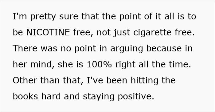 Text expressing frustration over the mom's denial of nicotine use after the son's lung donation refusal. Text expressing frustration over the mom's denial of nicotine use after the son's lung donation refusal.