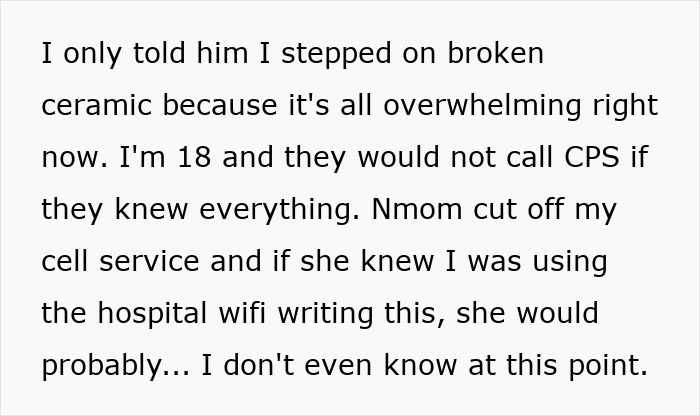 Teen's life is a mess, lying to doctor about injury, mom cut cell service, using hospital wifi. Teen's life is a mess, lying to doctor about injury, mom cut cell service, using hospital wifi.