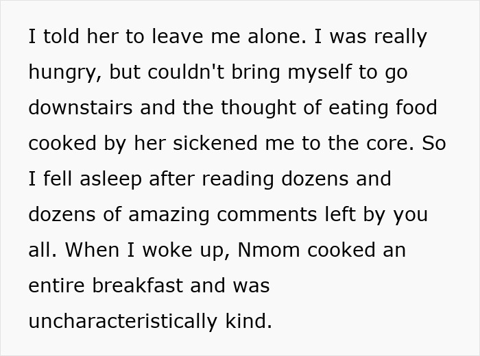 Text from the teen's perspective about his hunger and his mom being uncharacteristically kind after he refused to donate his lung. Text from the teen's perspective about his hunger and his mom being uncharacteristically kind after he refused to donate his lung.