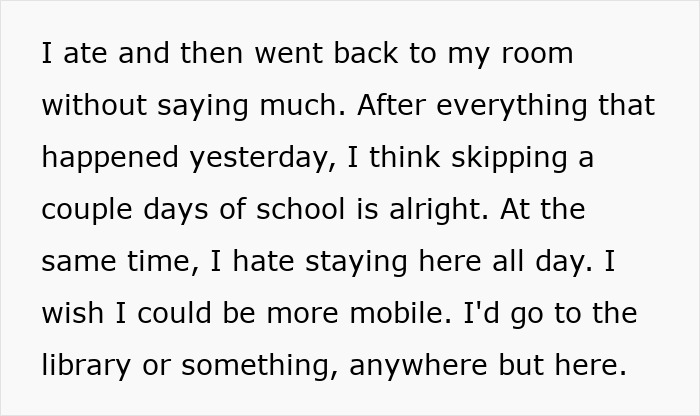 The teen's internal thoughts about skipping school and wanting to leave home, after refusing to donate his lung to his mom. The teen's internal thoughts about skipping school and wanting to leave home, after refusing to donate his lung to his mom.
