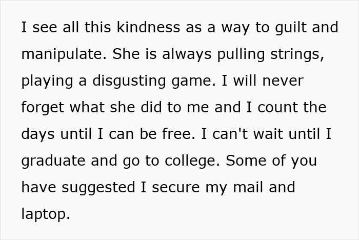 The teen's perspective on his mom's kindness as manipulation, counting days until he is free, after refusing to donate his lung. The teen's perspective on his mom's kindness as manipulation, counting days until he is free, after refusing to donate his lung.