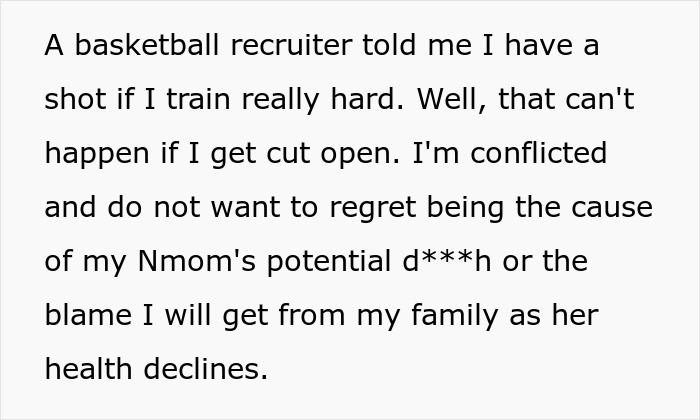 Text snippet describing a teen's conflict about donating his lung to his mom and the potential impact on his basketball career. Text snippet describing a teen's conflict about donating his lung to his mom and the potential impact on his basketball career.