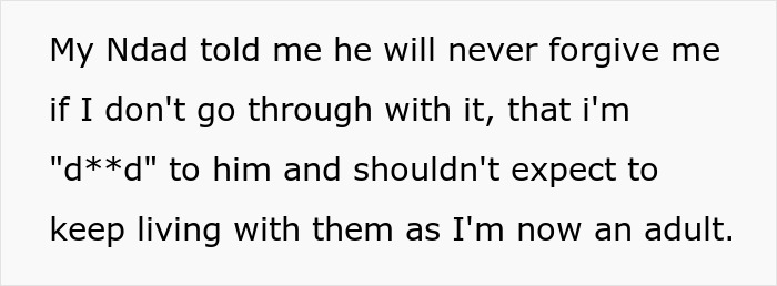Text stating that a teen's dad will not forgive him if he doesn't donate his lung to his mom, risking being disowned. Text stating that a teen's dad will not forgive him if he doesn't donate his lung to his mom, risking being disowned.