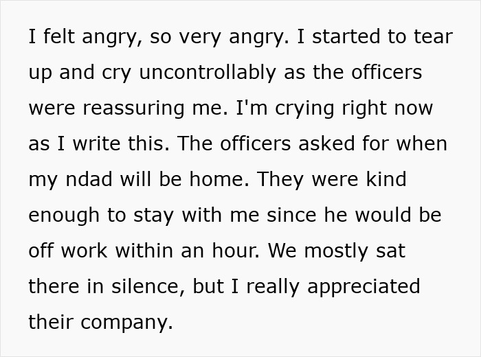 Screenshot of text describing a teen's emotional reaction and police comfort after his mom's passing. Screenshot of text describing a teen's emotional reaction and police comfort after his mom's passing.