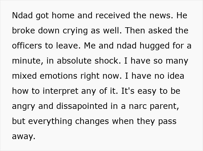 Screenshot of text about a dad and teen hugging, grieving the mother's d***h and the teen's messed-up life. Screenshot of text about a dad and teen hugging, grieving the mother's d***h and the teen's messed-up life.