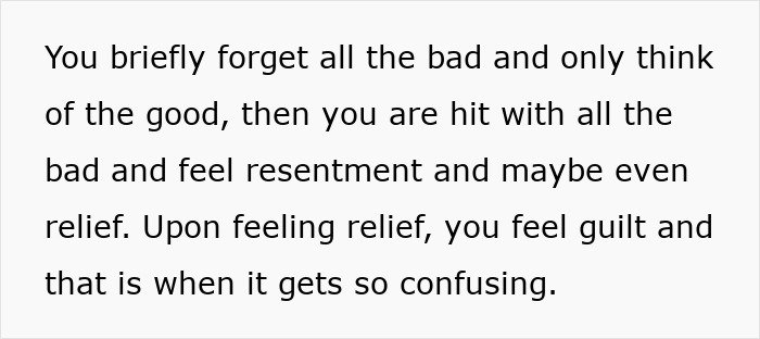 Screenshot of text detailing a teen's confusing emotions of resentment, relief, and guilt after his mom's passing. Screenshot of text detailing a teen's confusing emotions of resentment, relief, and guilt after his mom's passing.