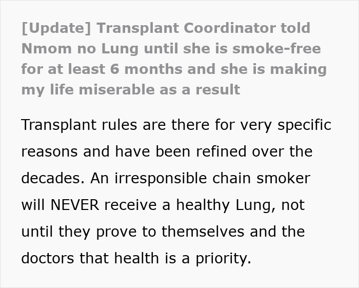 Text update: Transplant Coordinator explains mom cannot receive a lung due to smoking, making the teen's life miserable. Text update: Transplant Coordinator explains mom cannot receive a lung due to smoking, making the teen's life miserable.