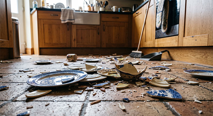 A messy kitchen floor with many broken plates and ceramic shards, illustrating a teen's life is a mess. A messy kitchen floor with many broken plates and ceramic shards, illustrating a teen's life is a mess.