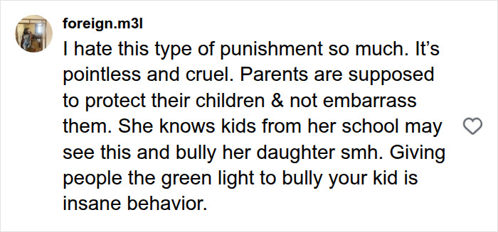 A social media comment reading: foreign.m3l I hate this type of punishment so much. It's pointless and cruel, about a mom shaving daughter's hair. A social media comment reading: foreign.m3l I hate this type of punishment so much. It's pointless and cruel, about a mom shaving daughter's hair.