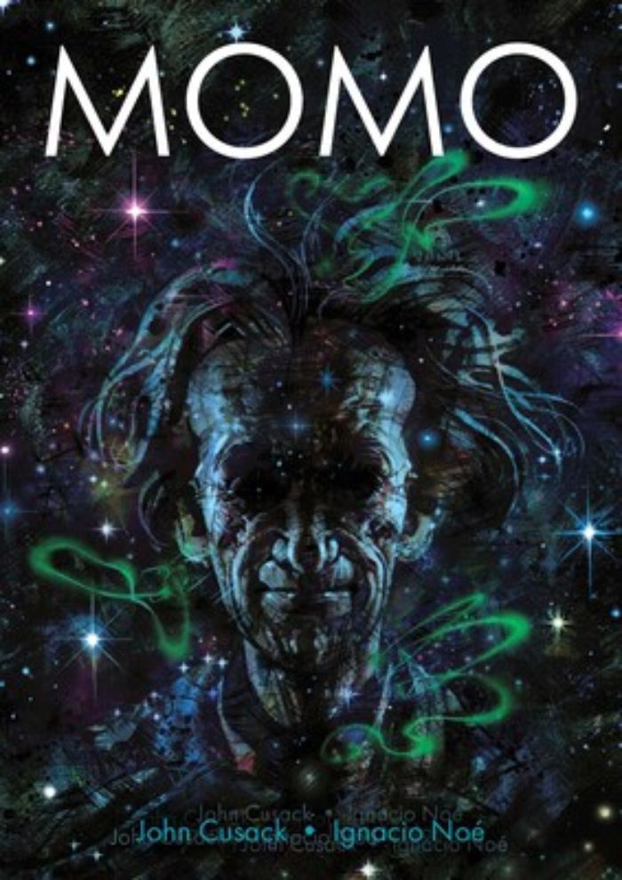 Momo graphic novel cover with a gaunt face against a starry background, related to John Cusack's Hollywood vanishing.