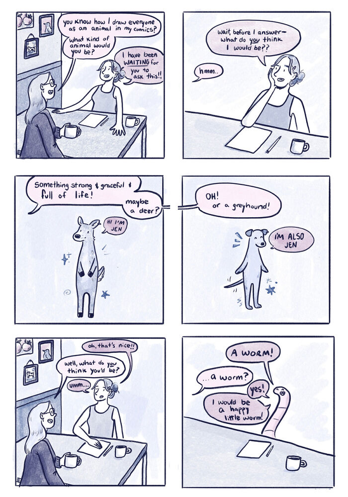 Funny and honest comics: Two friends discuss what animal they would be, leading to a surprising reveal.