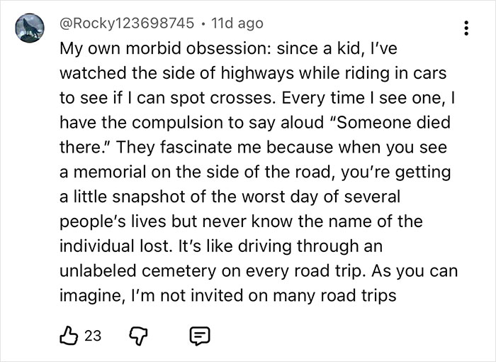 Mortician reveals things she never wants to do in life: a comment on a morbid obsession with roadside crosses.