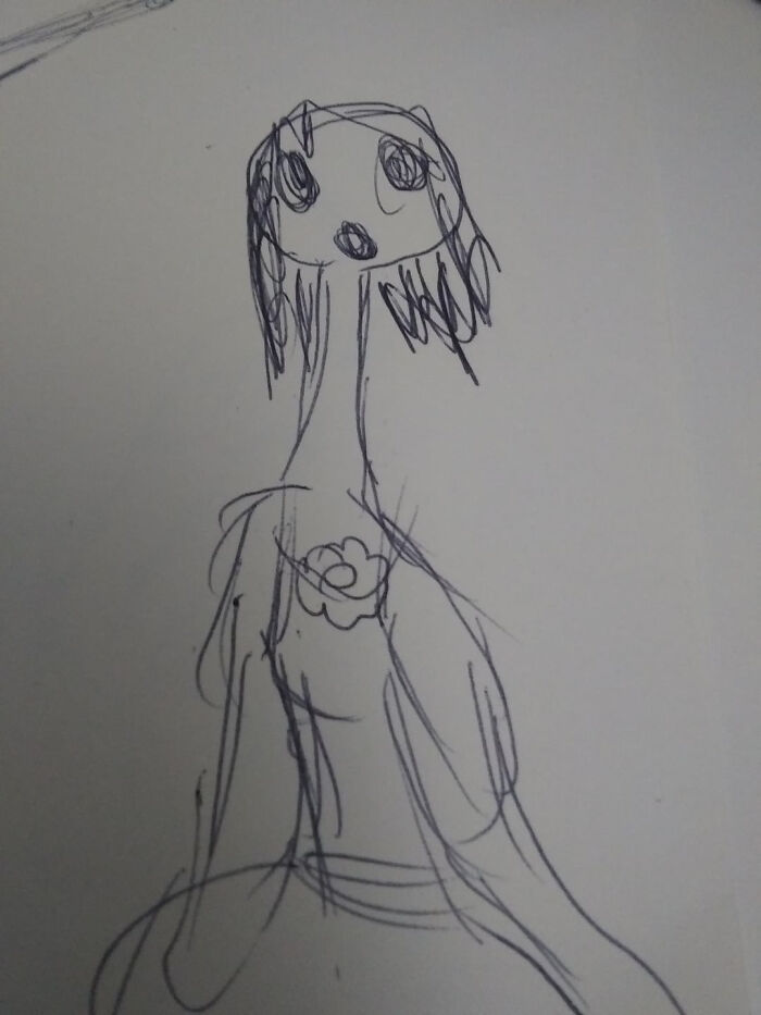 A child's drawing of a figure with large eyes and a long neck, capturing the innocence that parents were terrified of.