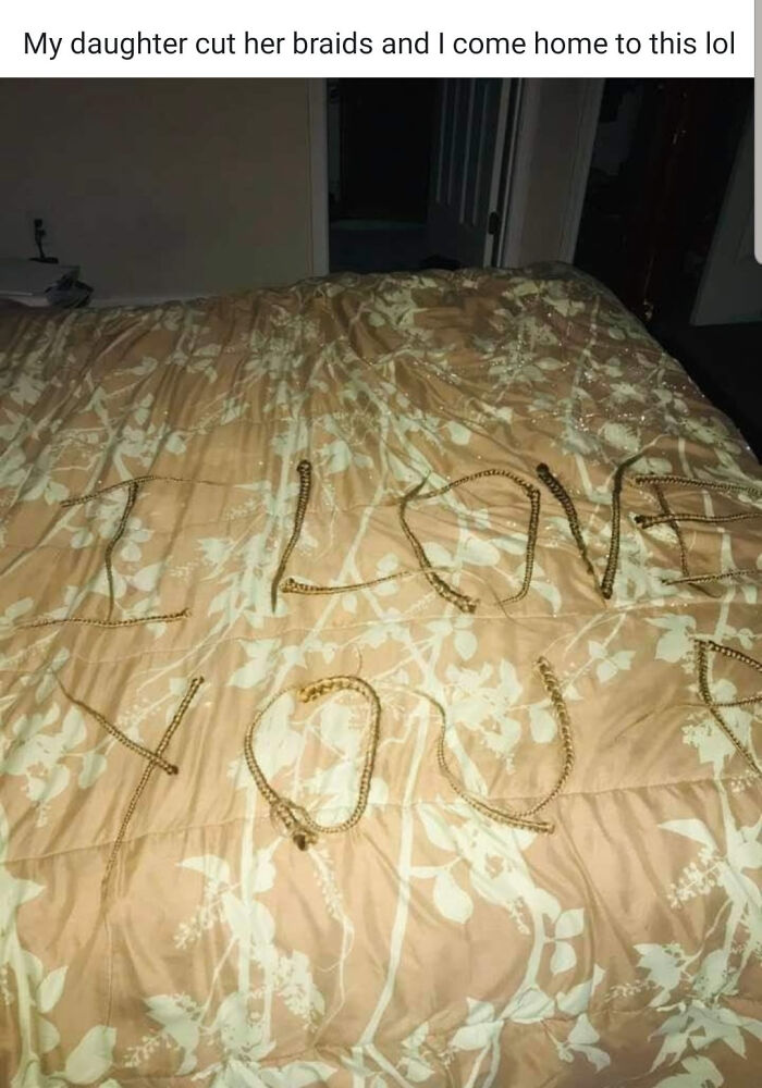 A bed with cut braids spelling out 'I LOVE YOU,' a terrifying sight for parents.