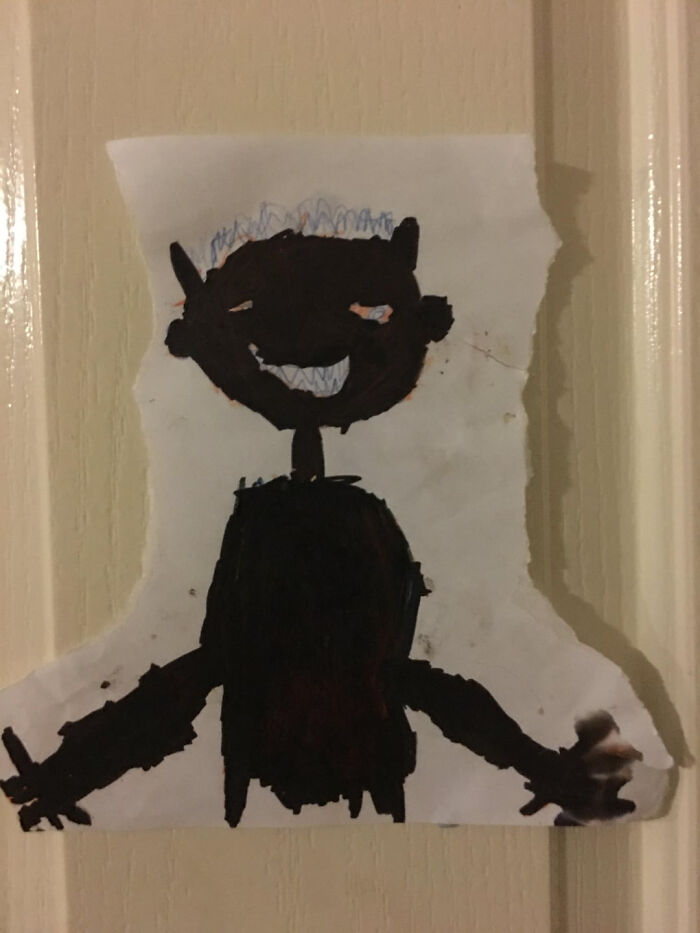 A drawing of a dark, grinning figure with small horns, representing the fears of parents terrified of their own children.