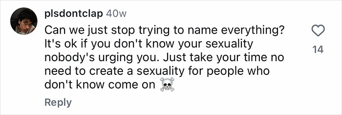 A social media comment suggesting to stop labeling sexualities and embrace not knowing ones sexuality in the LGBT context. A social media comment suggesting to stop labeling sexualities and embrace not knowing ones sexuality in the LGBT context.