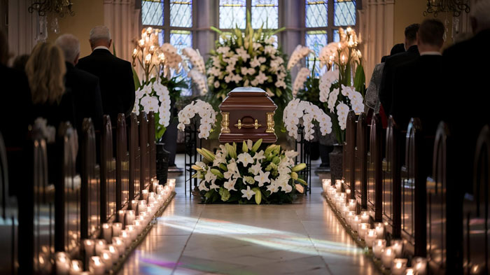 A coffin surrounded by white flowers and candles in a church, symbolizing loss and family separation. A coffin surrounded by white flowers and candles in a church, symbolizing loss and family separation.