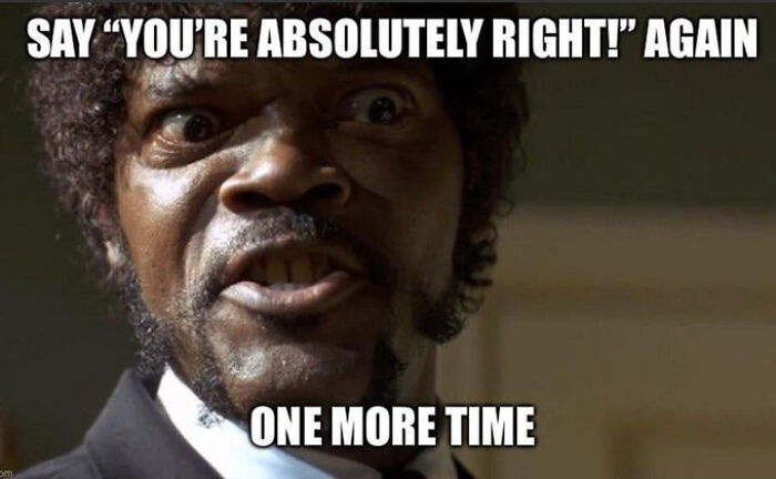 A funny AI meme with a furious Samuel L. Jackson from Pulp Fiction, expressing anger at AI repeatedly giving the same answer.