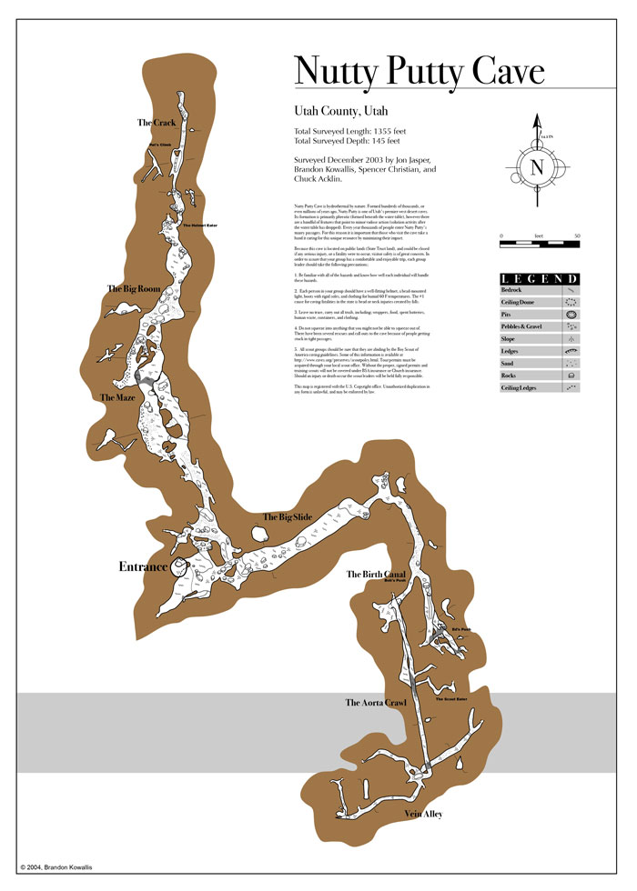 A detailed map of Nutty Putty Cave in Utah County, outlining its various passages and depths for cave rescuers.