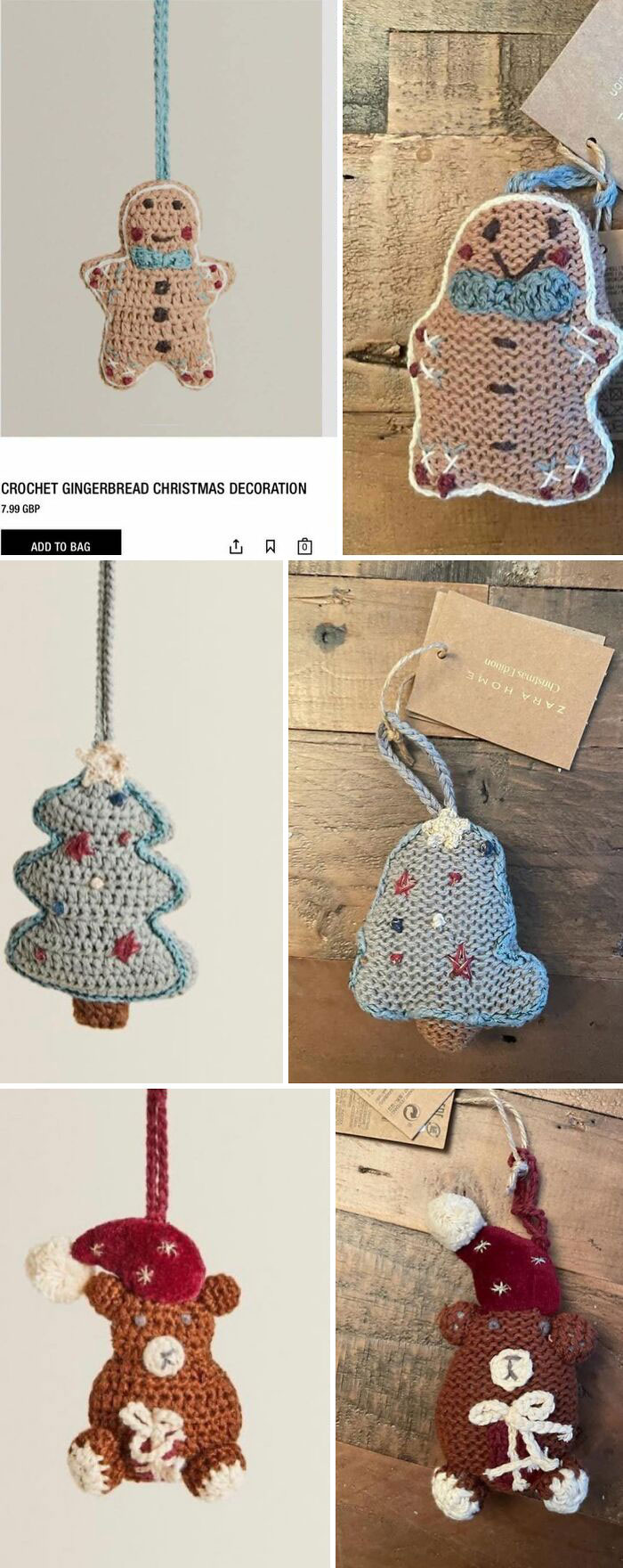 A collage of crochet gingerbread, Christmas tree, and bear ornaments, illustrating bizarre content on Zara website.