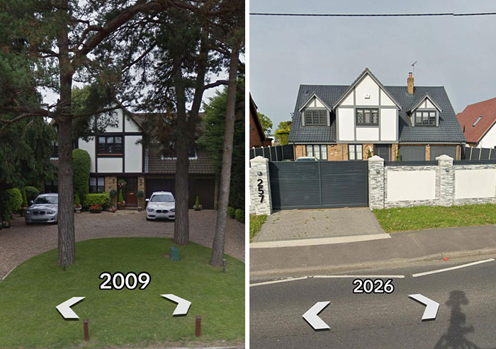 Then vs. now pic of a house in 2009 transformed into a renovated house in 2026, making the internet mad.