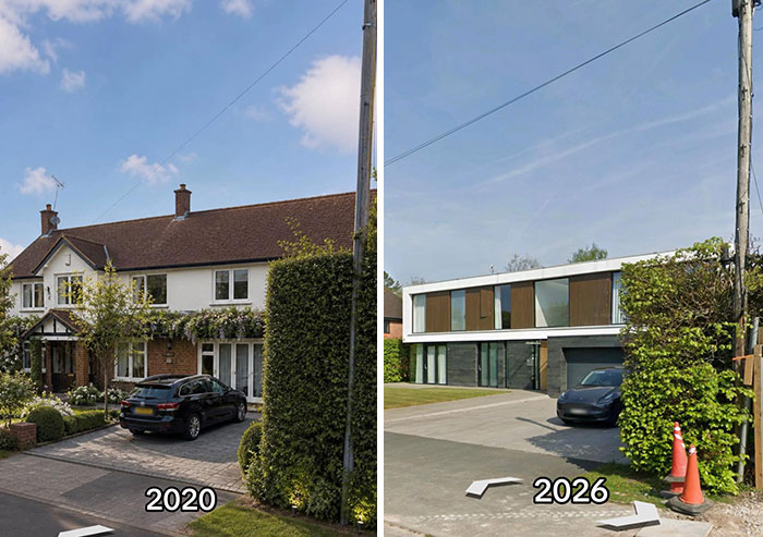Then vs. now pic of a house in 2020 transformed into a contemporary house in 2026, making the internet mad.