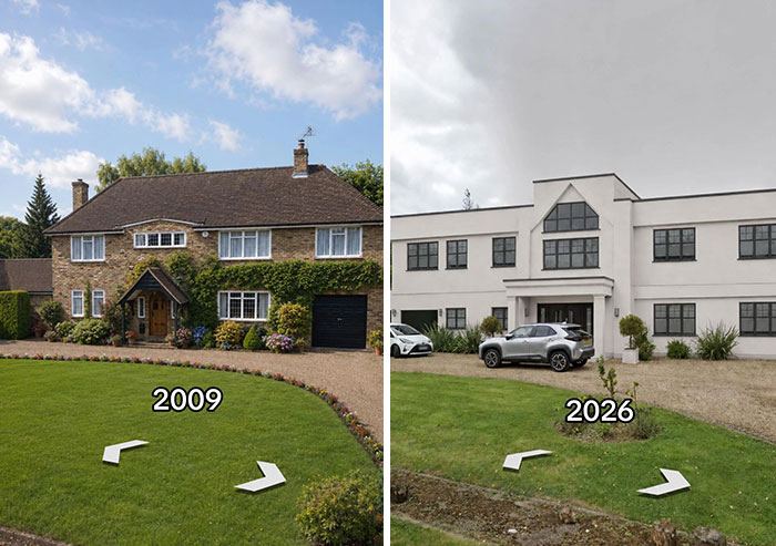 Then vs. now pic of a house in 2009 transformed into a modern house in 2026, making the internet mad.