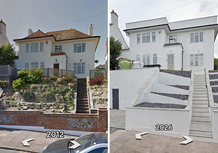 Then vs. now pics of houses: a white house on a terraced hill with stairs in 2012 vs. a modernized white house with structured tiered landscaping in 2026.