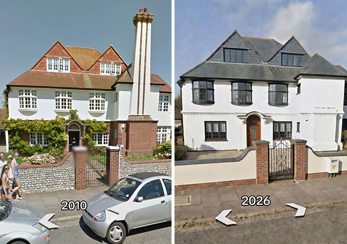 Then vs. now pics of houses: a white house with a red-tiled roof in 2010 vs. a white and grey modern home with dormer windows in 2026.