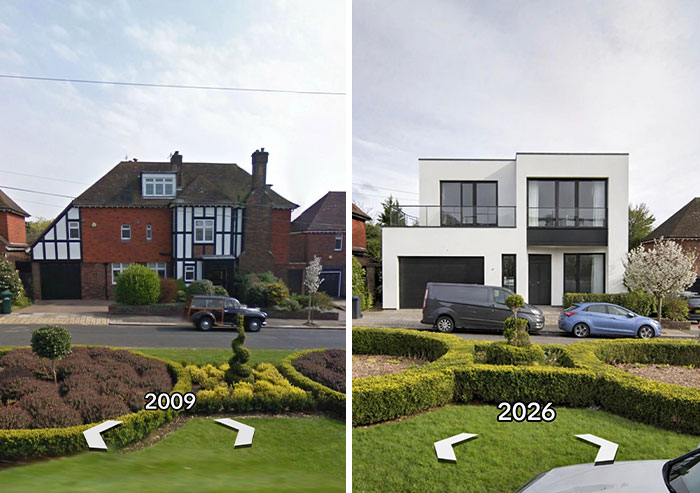 Then vs. now pics of houses: a traditional red brick home with a half-timbered facade in 2009 vs. a sleek, modern white house in 2026.