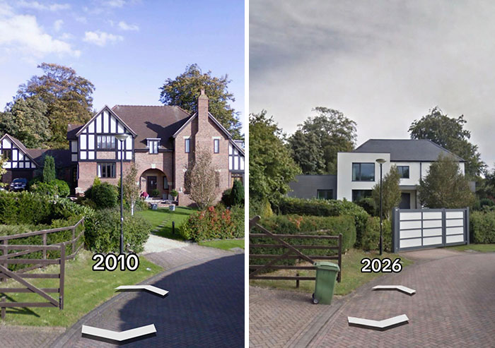 Then vs. now pics of houses: a large Tudor-style home in 2010 transformed into a contemporary white house in 2026.