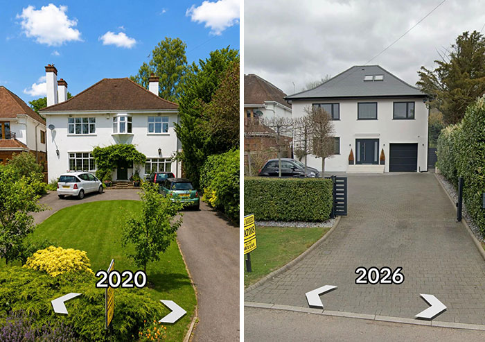 A white traditional house from 2020 on the left with a large lawn and trees, contrasted with its modern, renovated version in 2026 on the right, displaying houses then vs. now.