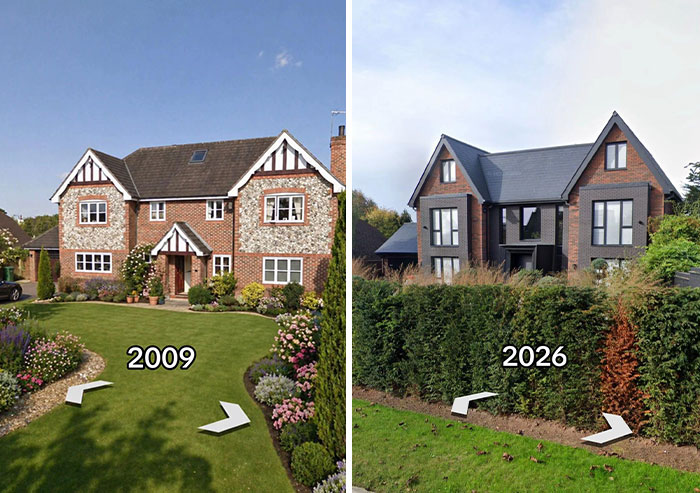 A classic brick house with a front garden in 2009 on the left compared to its sleek, modern, and dark brick transformation in 2026 on the right, illustrating houses then vs. now.