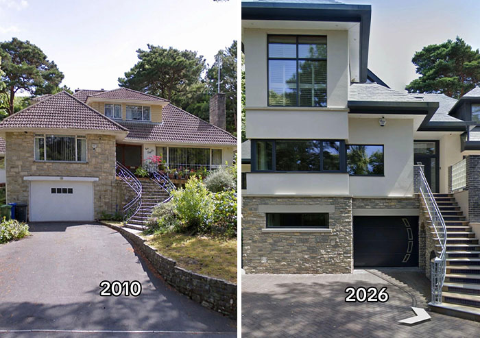 A two-story house with a stone and stucco exterior and a curved staircase in 2010 on the left, next to its significantly modernized facade in 2026 on the right, exemplifying houses then vs. now.
