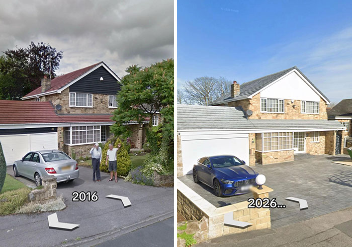 A traditional stone house with a red-tiled roof in 2016, with two men standing outside, shown next to its updated exterior with a gray roof and a blue car in 2026, comparing houses then vs. now.
