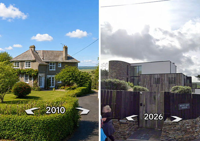 A charming traditional house in 2010 transformed into a modern, minimalist Rocky Bay House by 2026, showing houses then vs. now.